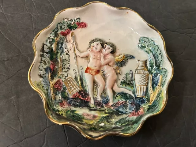 Vintage Capodimonte Decorative Trinket Dish Signed Cherubs Gold Edge Italy 1536