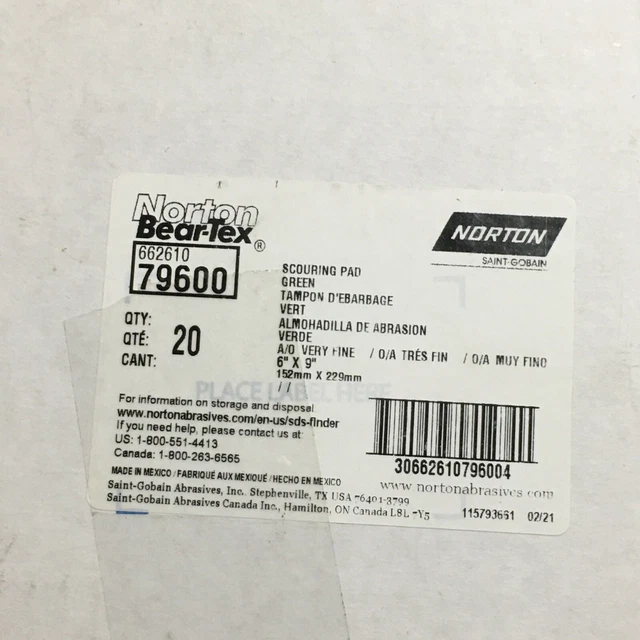 Norton Bear-Tex 796 Green Non-Woven Hand Pad, 6” x 9” Green Scouring, Box Of 20