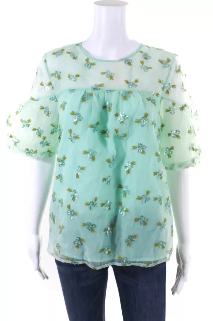Anthropologie Womens Floral Sequin Sheer Puff Half Sleeved Blouse Green Size  10