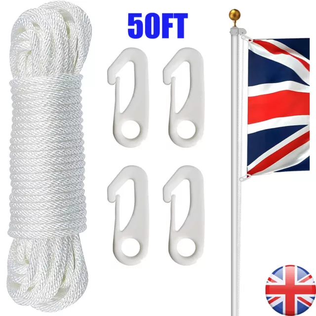 49ft/15M Nylon Flag Rope Flagpole Rope 6mm Thick White  W/4X Clips For Garden UK