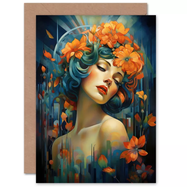 Woman Portrait With Flowers Modern Art Deco Birthday Blank Greeting Card