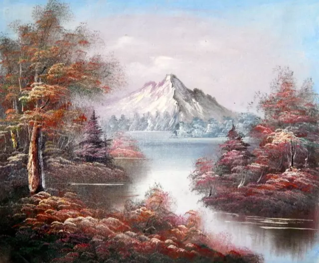 Vintage Oil Painting Canvas Landscape Trees Mountain Lake Scene #C