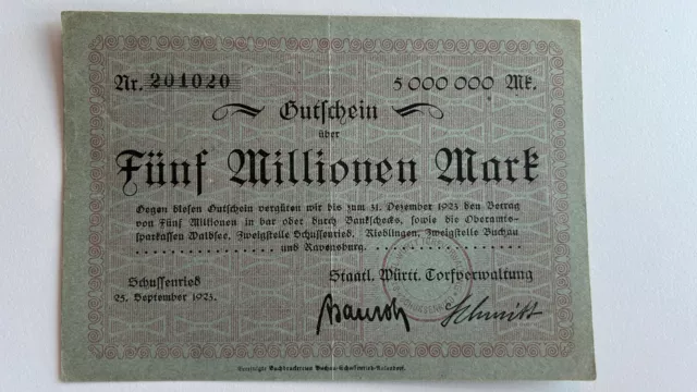 Württemberg Notgeld SCHUSSENRIED Torfverwaltung, 5 Millionen Mark 25.09.1923
