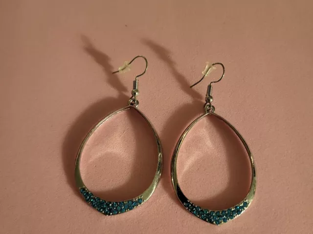 Silvertone Teardrop Earrings With Blue Rhinestones