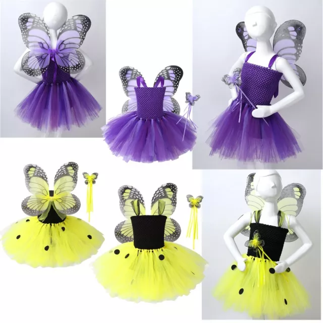 Kids Girls Tutu Dress + Wings + Fairy Wand Halloween Cosplay Party Fancy Outfit