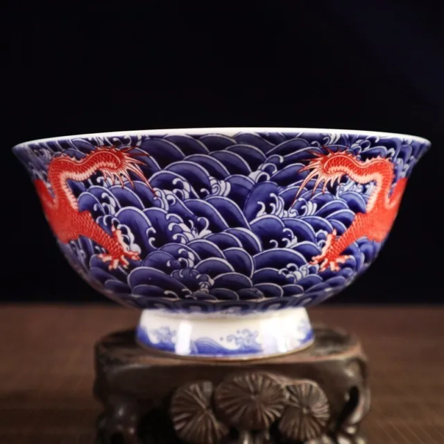 6.2" Chinese Blue and White Porcelain Red Glaze Two Dragon Grain Big Bowl 3