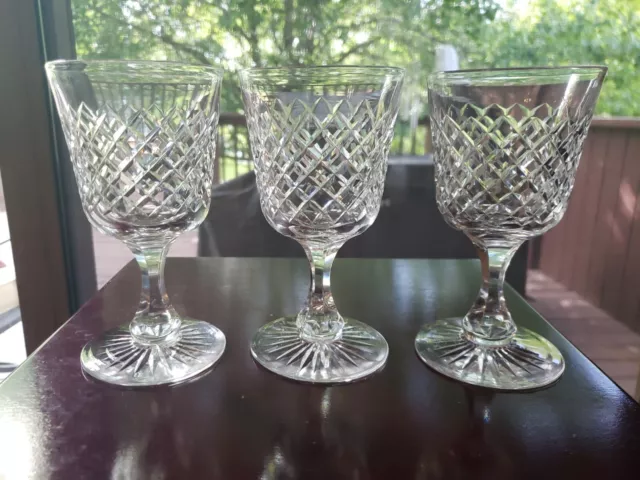 Set (3) Water Goblets 6" Glasses, Antique Cut Diamond criss-cross facet stem