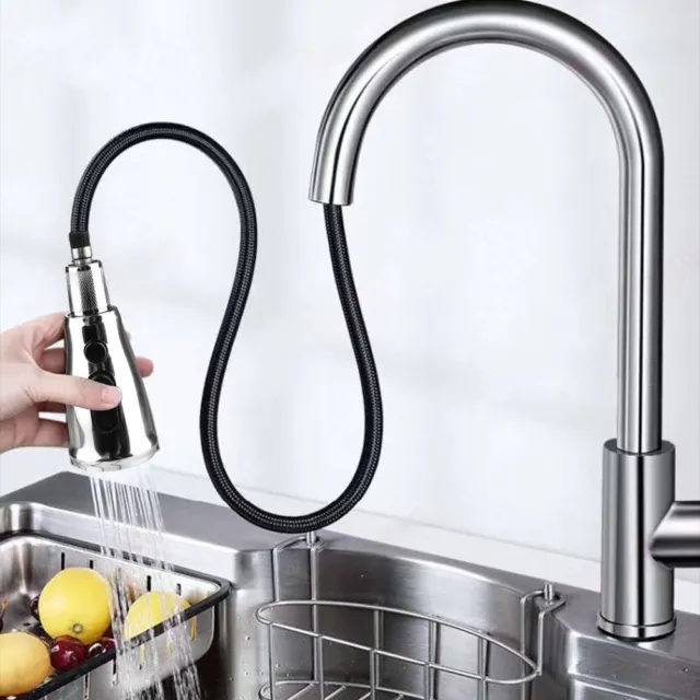 Stainless Steel Kitchen Taps Sink Mixer Pull Out Spray Tap Single Faucet Silver