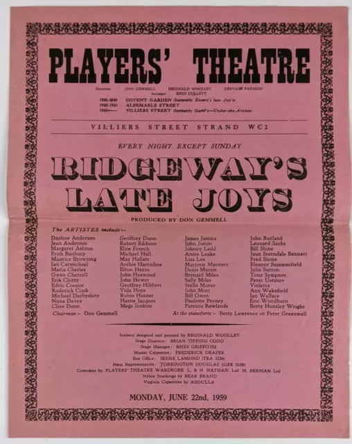 1959 Players' Theatre London UK Ridgeways Late Joys Program Don Gemmell Vtg