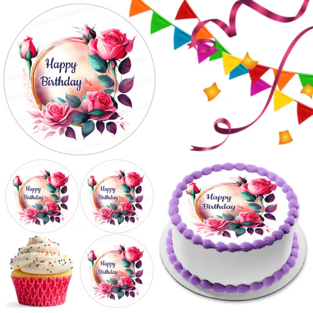 Rose Flower Cake Topper Party Decoration Edible Birthday Celebration Cupcake