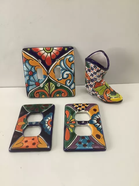 Mexican Talavera Pottery Double Light Switch Cover 2 Outlet Covers & Boot