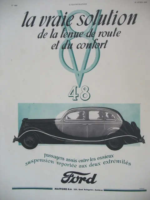 Publicite De Presse Ford V8-48 Automobile Tenue De Route Confort French Ad 1935