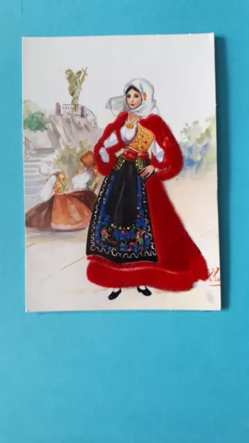 Cartolina con donna in costume sardo velluto in rilievo