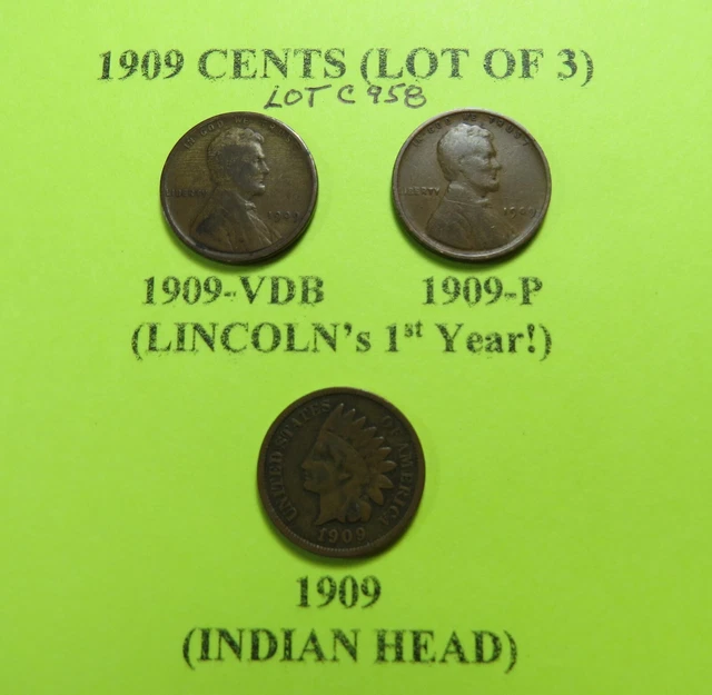 1909-P + 1909-Vdb Lincoln Wheat Cents + 1909 Indian Head Cent ~(Lot Of 3) C958