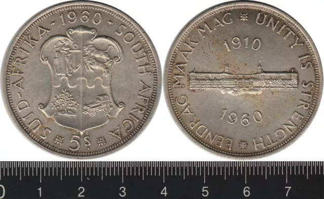 South Africa: 1960 5 Shillings QEII silver 50 Years Union of South Africa 5/-