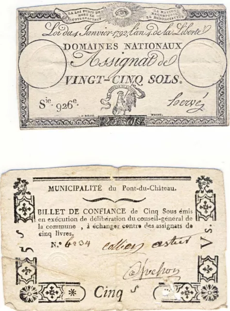 1 Assignat De Vingt-Cinq Sols Et 1 Billet De Confiance De Cinq Sous .