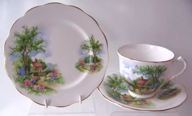 Queen Anne " Tudor Cottage " Trio, Cup, Saucer, Plate, Fine Bone China.