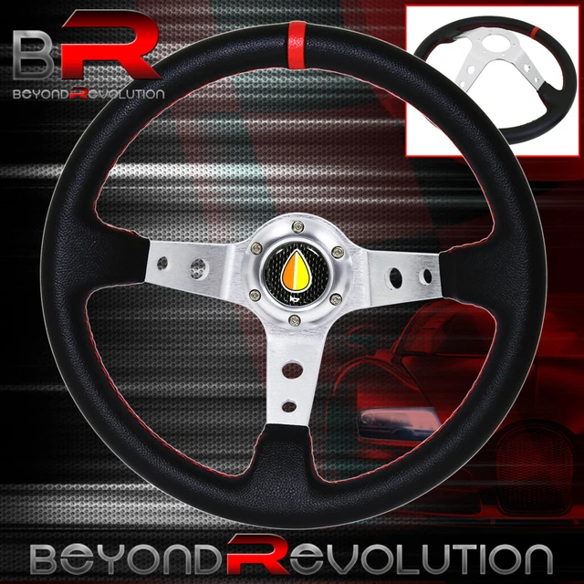 Koreisha Red Stitching Deep Dish Black Steering Wheel Silver Aluminum Center