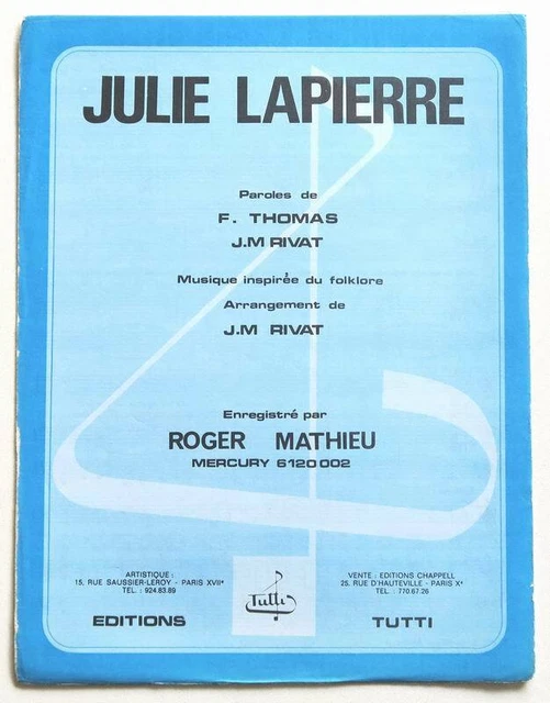 Rouyer Mathieu PARTITION VINTAGE SHEET music ROGER MATHIEU : Julie Lapierre * 60's ...