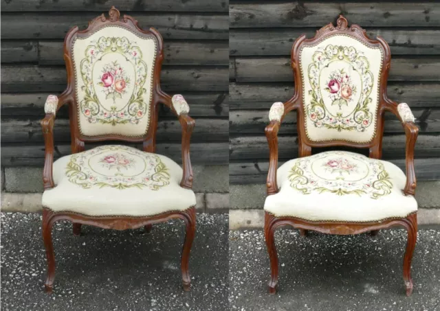 Stunning Pair of French Walnut Vintage Needlepoint Fabric Armchairs! (CONBL1-P)