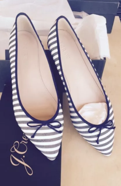 J.Crew Gemma Flats Striped Navy Blue Ivory Size 9 Point Toe Bow Shoes