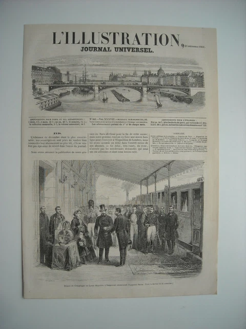 Gravure 1861. Gare De Compiegne. L’empereur Examinant L’appareil Bazin. Avec Exp