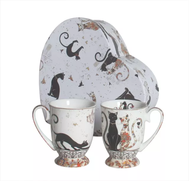 Set of 2 Mug 280cc Mugs Fine Bone China Cat Couple Embossed Heart Shape Box Gift