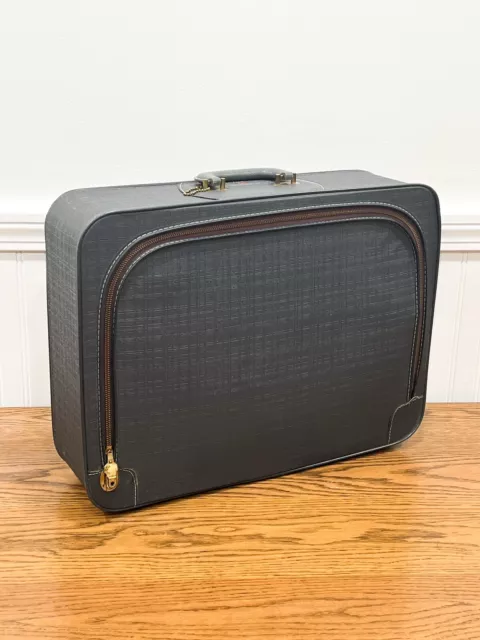 MCM Blue Vinyl Suitcase Travel Case Leed's Travelwear Corp Vintage NY Luggage