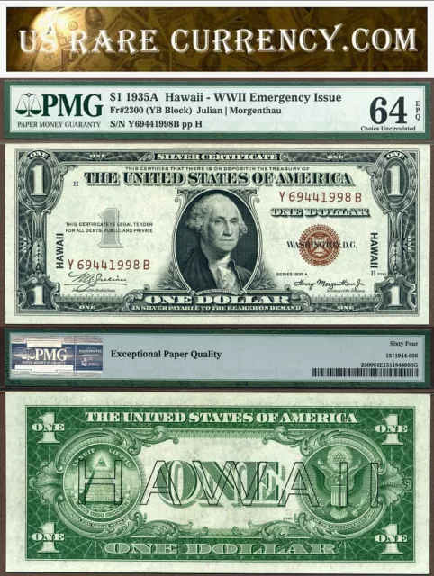 1935A $1 Hawaii Silver Certificate FR-2300 PMG CU 64EPQ WWII Issue YB Block