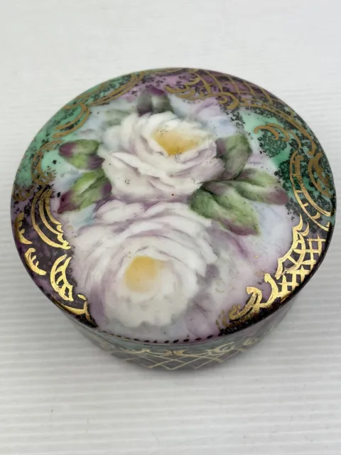 Ceramic Trinket Box - Lusterware - Hand painted (Signd By Artist) Roses/Gold