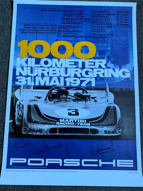 Porsche 908 1000km Nurburgring1971 signed Vic Elford Derek Bell Gerald Larrousse
