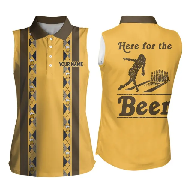 Personalized Yellow Retro Here For The Beer Bowling Women Sleeveless Polo XS-4XL