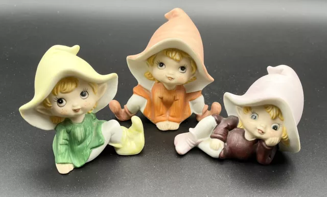 Vintage Homco Lot of 3 Pixie Elf Garden Fairy Figurines Shelf Sitters 5213