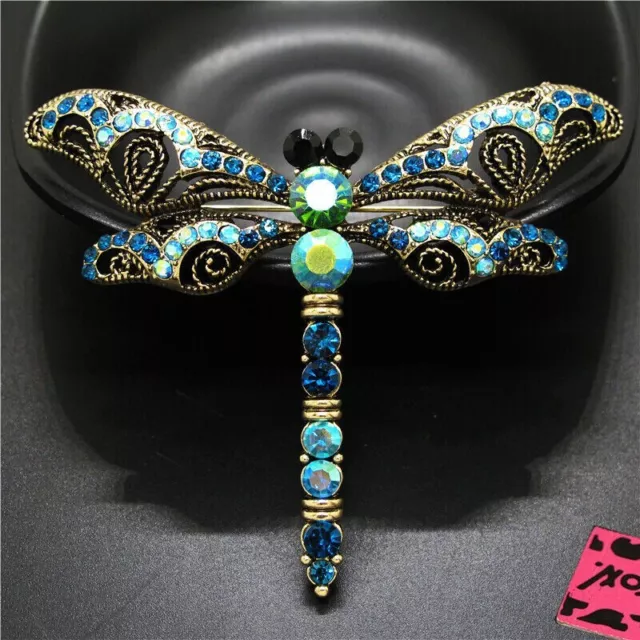 Betsey Johnson Beautiful Engraved Multiblue Cystal Dragonfly Gold Plated Brooch