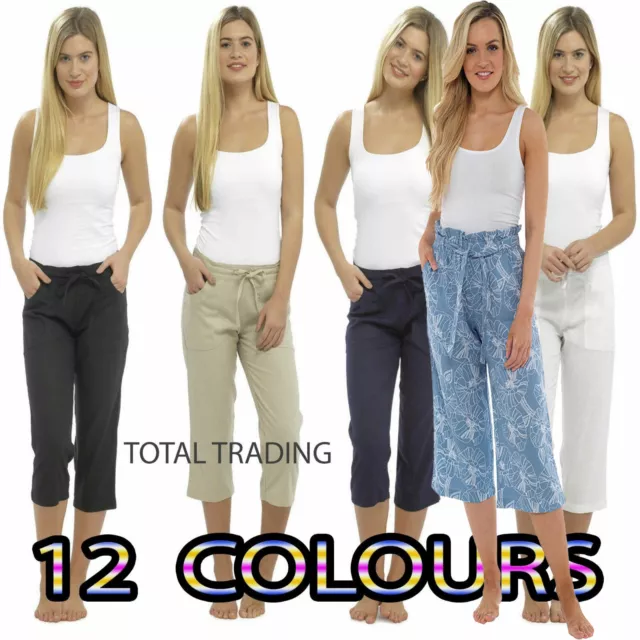 Ladies Linen Cropped Trousers Womens 3/4 Length Shorts UK Size 10 12 14 16 18 20