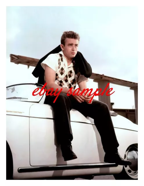 JAMES DEAN COLOR PHOTO - Sitting on his Porsche Speedster convertible car