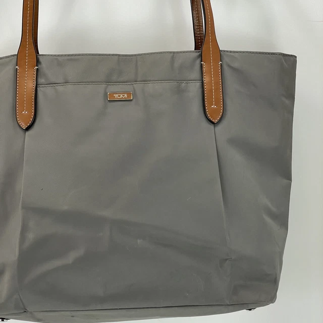 TUMI Gray Nylon Tote Leather Trim Bag Handbag Office Travel Pockets