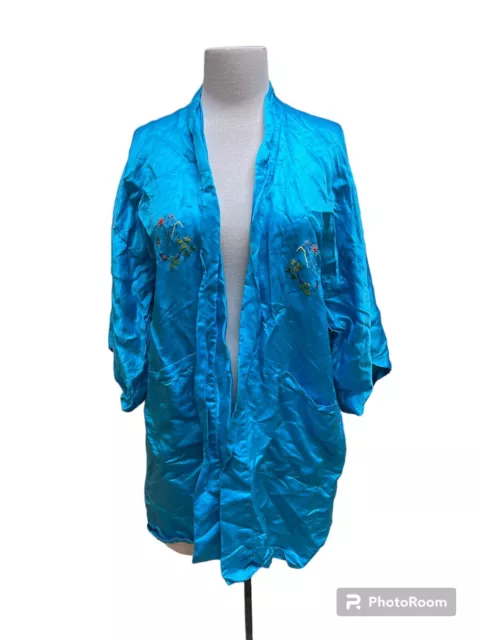 Vintage Golden Dragon XL Chinese 100% Silk Kimono Robe Hand Embroidered Blue