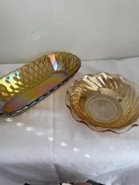 Vtg Peach Luster Carnival Glass Small Serving Bowl And Oval 10.5” Indiana Glass