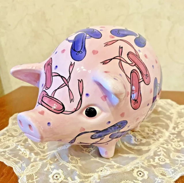 2002 Annaco Creations Ceramic Pig Piggy Bank, Pink with Ballerina Slipper Design