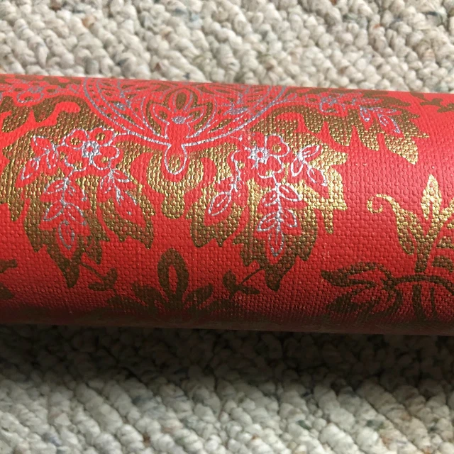 NOS Vtg Ready Pasted Wallpaper Washable Double Roll Red Gold Textured Read L5