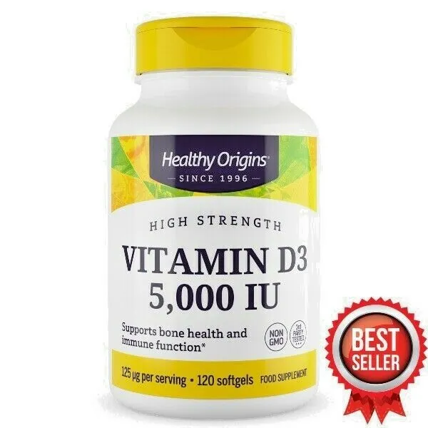Healthy Origins ORIGINALE Vitamina D D3 5000 IU 120 Pillole Softgels Ossa Salute