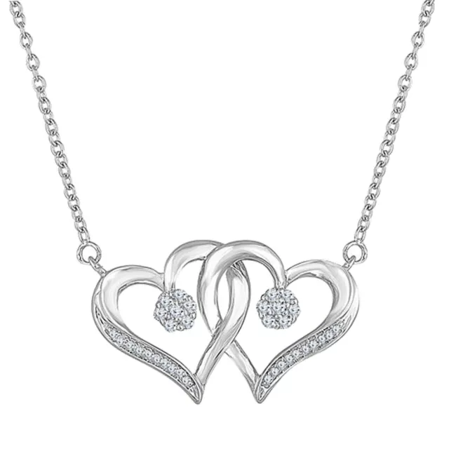 Collier pendentif double cœur en argent sterling avec diamants ronds...