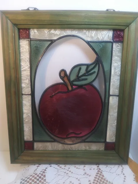 Vintage Stained Glass Apple Window Hanging Sun Catcher Wood Frame. Beautiful