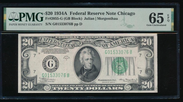 AC 1934A $20 Chicago FRN PMG 65 EPQ Fr 2055-G
