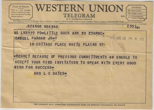 Rare 1958 DAISY BATES~Vintage Telegram~LITTLE ROCK NINE~African American History