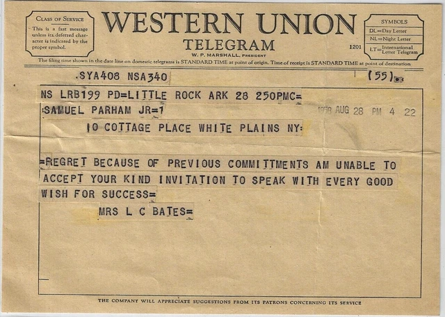 Rare 1958 DAISY BATES~Vintage Telegram~LITTLE ROCK NINE~African American History