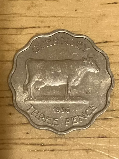 GUERNSEY COW 3d 1956 COIN Cu-Ni Threepence Circulated Condition