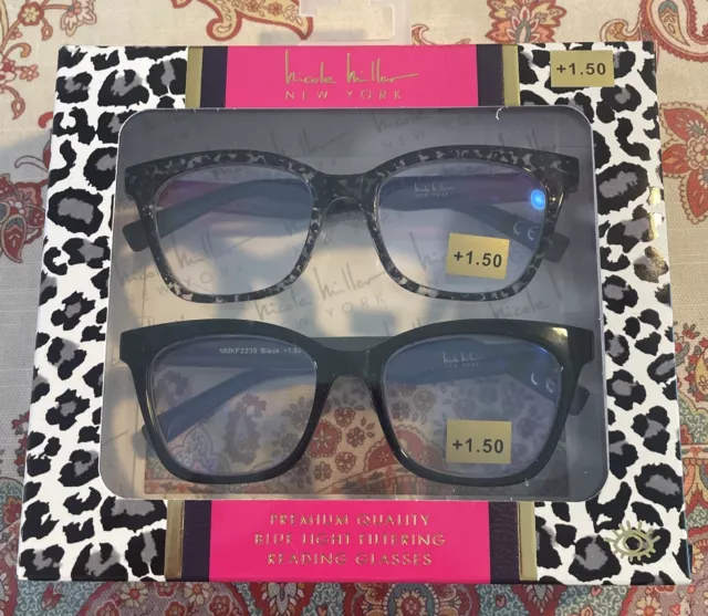 Nicole Miller Readers Black & Animal Print 2 READING GLASSES +1.50 Blue Light