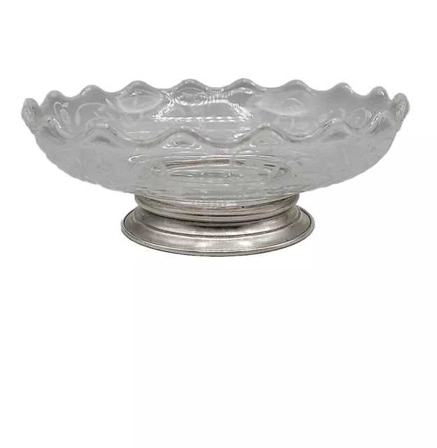 Scalloped Edge Crystal Candy Dish Sterling Silver Pedastal Base Floral Etched